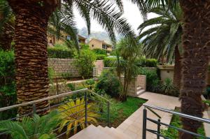 un escalier menant à une cour avec des palmiers dans l'établissement Palma Apartments, à Kotor