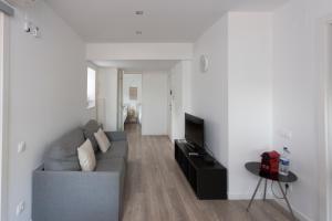 a living room with a gray couch and a television at Decô Apartments Barcelona-Eixample in Barcelona