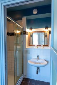 a bathroom with a sink and a glass shower at Hotel Le Rayon Vert in Étretat