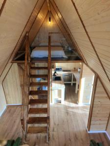 a loft bed in a tiny house with a desk at Triangle House Parang in Petroşani
