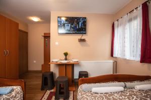 a room with two beds and a tv on the wall at Vila Nada in Crni Vrh