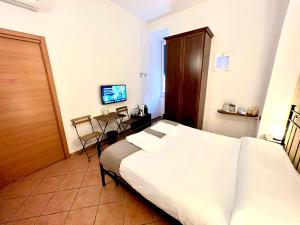 een slaapkamer met een bed, een bureau en een televisie bij Affittacamere Virginia's Rooms in Genua