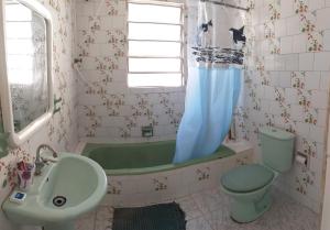 La salle de bains est pourvue d'une baignoire verte, de toilettes et d'un lavabo. dans l'établissement hayway sustentável, à Mendes