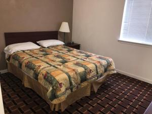 1 dormitorio con 1 cama con edredón en Affordable Suites Burlington, en Burlington