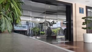 a lobby with a large window with potted plants at Hotel Colibrí Suites in Porlamar