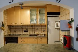 a kitchen with wooden cabinets and a white refrigerator at Apartamento Bahia I in Empuriabrava