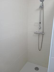 baño blanco con ducha con cabezal de ducha en Maison Plélauff, en Plélauff