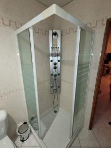 a shower with a glass door in a bathroom at Appartement cosy style industriel in Bourges