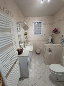 La salle de bains est pourvue de toilettes, d'un lavabo et de toilettes. dans l'établissement Appartement cosy style industriel, à Bourges