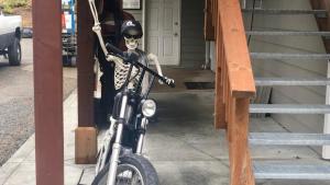 a skeleton is standing next to a motorcycle at Biker's Bungalow - Near Mendenhall Glacier and Auke Bay Offering DISCOUNT ON TOURS! in Mendenhaven