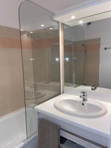 a bathroom with a sink and a glass shower at Appartement lumineux aux pieds des pistes in Saint-François-Longchamp