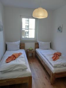 - 2 lits dans une chambre avec fenêtre dans l'établissement Ferienwohnung LP6, à Graal-Müritz