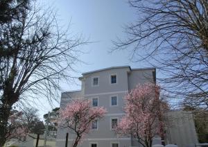 un bâtiment blanc avec des arbres roses devant lui dans l'établissement Ferienwohnung LP6, à Graal-Müritz