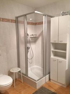 ein Bad mit einer Dusche und einem WC in der Unterkunft Ferienwohnung H 20 in Graal-Müritz
