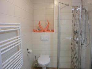 ein Bad mit einem WC und einer Glasdusche in der Unterkunft Ferienwohnung KWi 38 EG "Borstel" in Graal-Müritz
