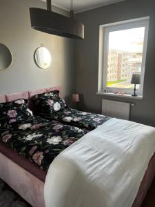 sypialnia z łóżkiem i oknem w obiekcie Apartament Sadowa 87 Garaż gratis ! w Elblągu