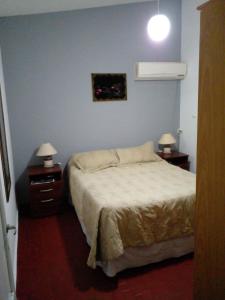 1 dormitorio con 1 cama y 2 mesitas de noche con lámparas en Confort y tranquilidad al 100% en Malargüe