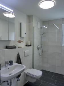 ein Bad mit einem Waschbecken, einem WC und einer Dusche in der Unterkunft Ferienwohnung KWi 84 EG in Graal-Müritz