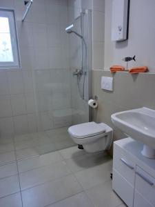 uma casa de banho com um chuveiro, um WC e um lavatório. em Ferienwohnung KWV 7 EG em Graal-Müritz