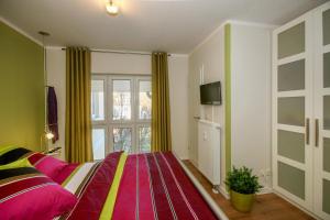 Schlafzimmer mit einem Bett, einem TV und einem Fenster in der Unterkunft Ferienwohnung L47 in Graal-Müritz