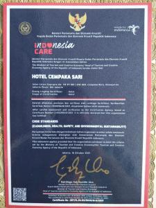 Certifikát, ocenenie alebo iný dokument vystavený v ubytovaní Hotel Cempaka Sari