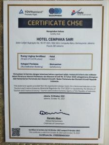 Certifikát, ocenenie alebo iný dokument vystavený v ubytovaní Hotel Cempaka Sari