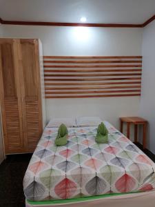a bedroom with a bed with green pillows on it at Pore's Homestay in General Luna