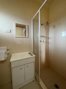 a bathroom with a sink and a shower at Southern Cross Motor Inn in Berridale