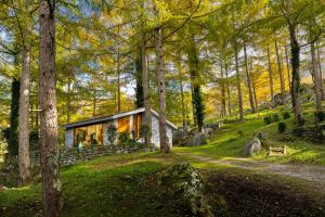 a house in the woods with a stone wall at Cabañas Deluxe Basajaun Basoa by IrriSarri Land in Igantzi