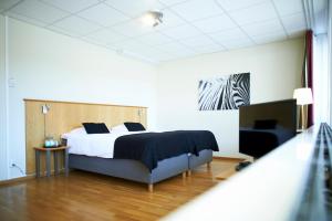 1 dormitorio con cama y escritorio. en STF Hotell Rum Oscar, en Oskarshamn
