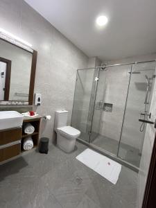 a bathroom with a shower and a toilet and a sink at B Holiday Apartments in Beau Vallon