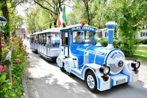 een kleine blauwe en witte trein op de weg bij Isamar Holiday Village in Ca Lino