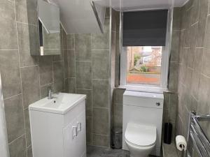 bagno con servizi igienici, lavandino e finestra di Denny Street a Inverness