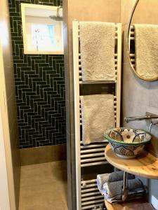 a bathroom with a towel rack and a sink at Huisje op Bioboerderij, kust, polder en rust in Hoofdplaat