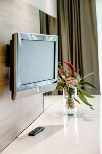 einen Fernseher auf einem Tisch mit einer Blumenvase in der Unterkunft Haus am See Luxury HS 223 B in Hahnenklee-Bockswiese