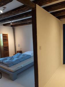 Schlafzimmer mit einem Bett mit blauer Bettwäsche in der Unterkunft LINDE2 in Horperath