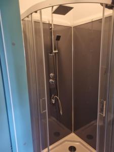 La salle de bains est pourvue d'une douche avec une porte en verre. dans l'établissement Pakalnės vingis, à Rusnė