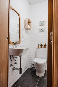 a bathroom with a toilet a sink and a mirror at Jaca Hostel Porto da Cruz in Porto da Cruz