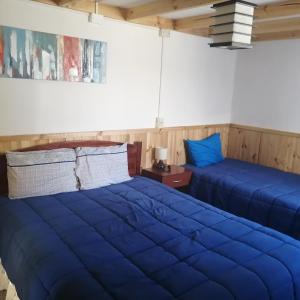 duas camas num quarto com lençóis azuis em Hostal y Cabañas Vientos del Sur em Puerto Ingeniero Ibáñez