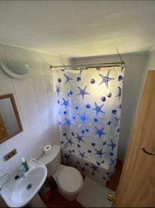 a bathroom with a toilet and a shower curtain with blue stars at Cabañas-apartamentos Borde Río in Neltume