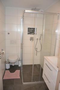 a bathroom with a shower and a toilet at Prime Host Sophie Deluxe Apartment in Karlsruhe