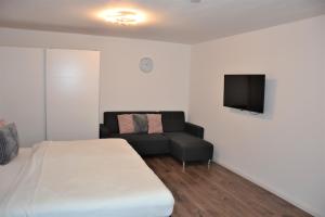 a bedroom with a bed and a couch and a television at Sophie Deluxe Apartment in Karlsruhe