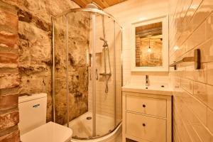 a bathroom with a shower and a toilet and a sink at Blaue Wohnung - Goldenes-Häusle in Sulzbach an der Murr