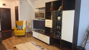 a living room with a large entertainment center with a television at Apartament Coșbuc in Baia Mare