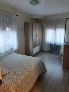 1 dormitorio con 1 cama, armario y ventanas en Piso con terraza en Felechosa, en Felechosa