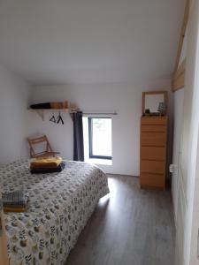 1 dormitorio con 1 cama, vestidor y ventana en Gîte Mascotte, en La Gresle