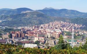 vistas a una ciudad con montañas en el fondo en Pensión Ariz, en Basauri