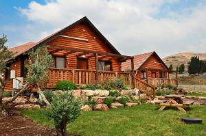 a log cabin with a picnic table in front of it at Yagorov Chalet in Yavneʼel