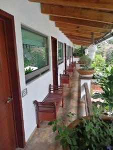 a row of benches sitting on a porch at Casa Dalinda in Valle de Bravo