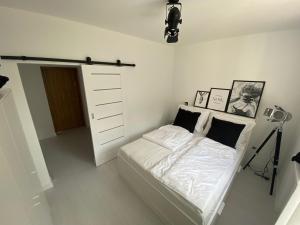 sypialnia z łóżkiem i komodą w obiekcie PRZYTULNY APARTAMENT Z KOMINKIEM PRZY JEZIORZE w Bornem-Sulinowie